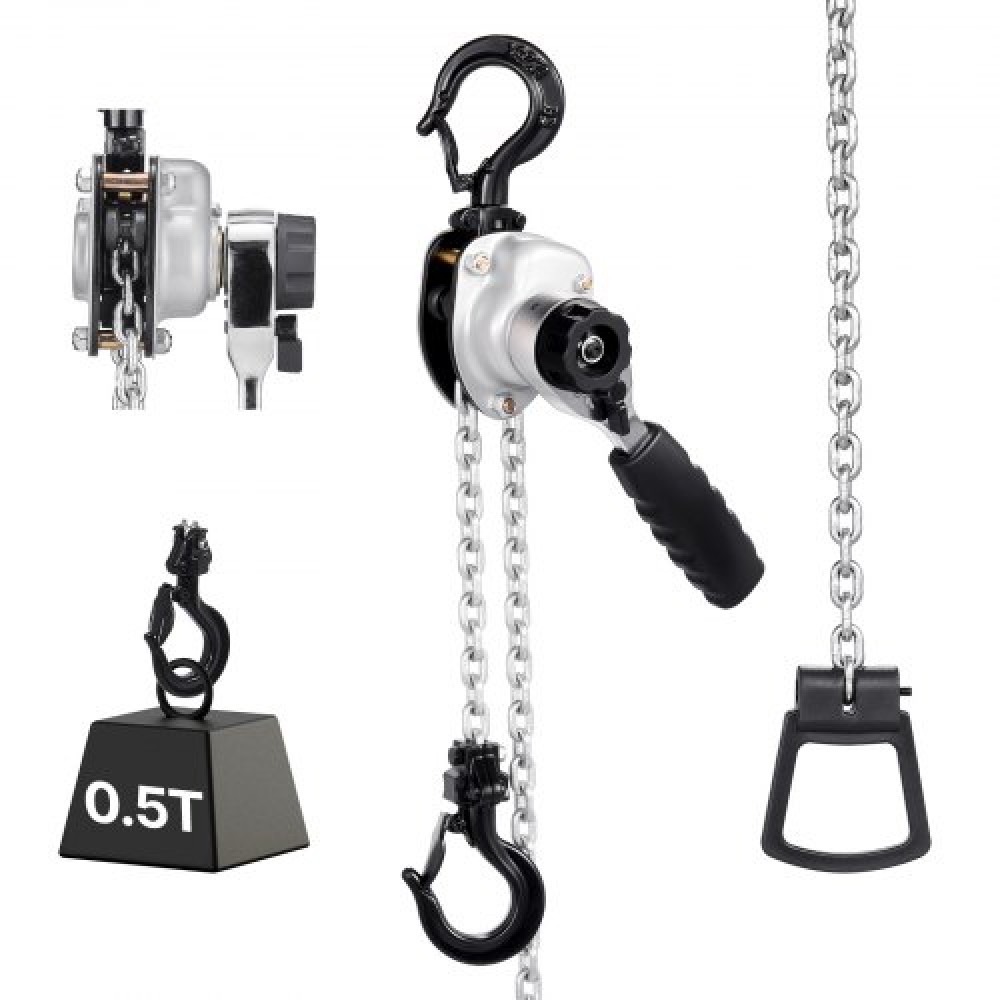 VEVOR Manual Lever Chain Hoist, 1/2T 500KG Capacity Heavy Duty Come Along, 3M Lift G80 Alloy Steel Chain With Dual Pawl Mechanical Brake, 360° Rotating Hooks, for Warehouse Construction Garage