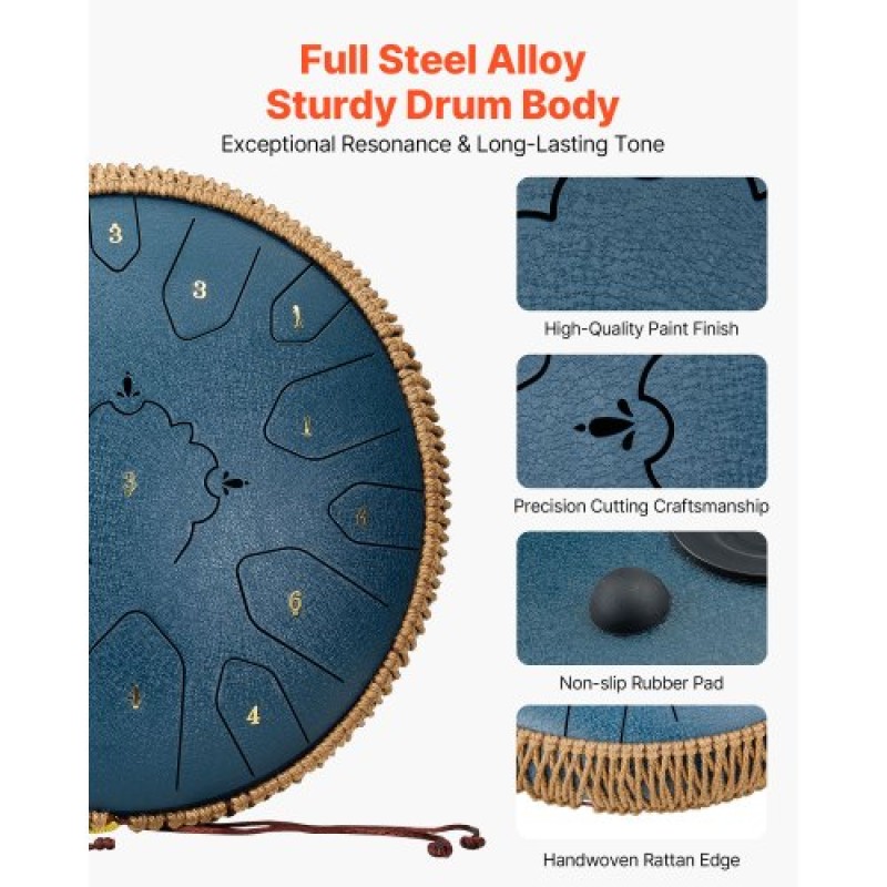 VEVOR Steel Tongue Drum, 33cm 15 Notes Rain Drum for Outside Garden, C Major Musical Drums with Music Book & Mallets, Percussion Instrument for Meditation Yoga Beginner Musical Education, Navy Blue