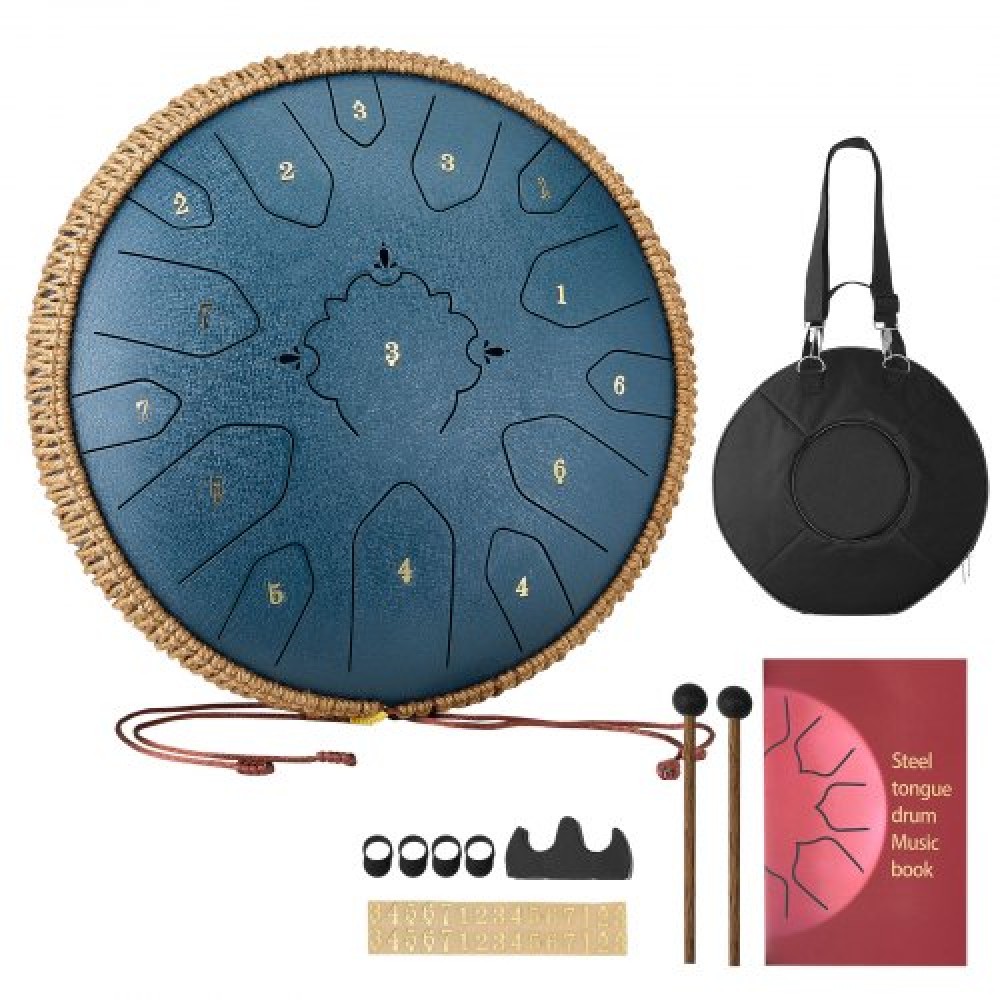 VEVOR Steel Tongue Drum, 33cm 15 Notes Rain Drum for Outside Garden, C Major Musical Drums with Music Book & Mallets, Percussion Instrument for Meditation Yoga Beginner Musical Education, Navy Blue