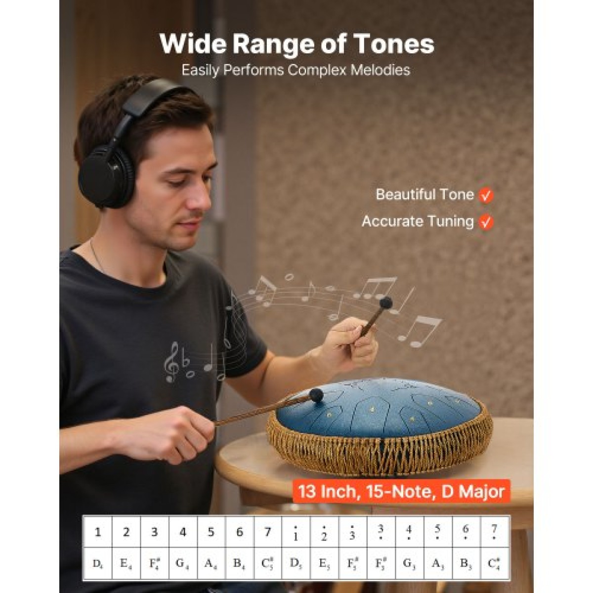 VEVOR Steel Tongue Drum, 33cm 15 Notes Rain Drum for Outside Garden, C Major Musical Drums with Music Book & Mallets, Percussion Instrument for Meditation Yoga Beginner Musical Education, Navy Blue