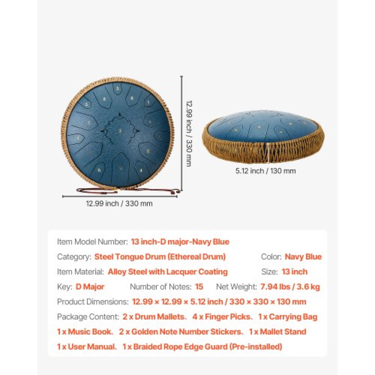 VEVOR Steel Tongue Drum, 33cm 15 Notes Rain Drum for Outside Garden, C Major Musical Drums with Music Book & Mallets, Percussion Instrument for Meditation Yoga Beginner Musical Education, Navy Blue