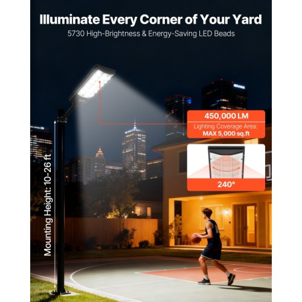 VEVOR 8000W Solar Street Lights Outdoor, 450000LM, Commercial Parking Lot Lights Dusk to Dawn, LED Flood Security Lamp with Motion Sensor, IP65 Waterproof Outdoor Lighting, for Driveway Yard, 3 Pack