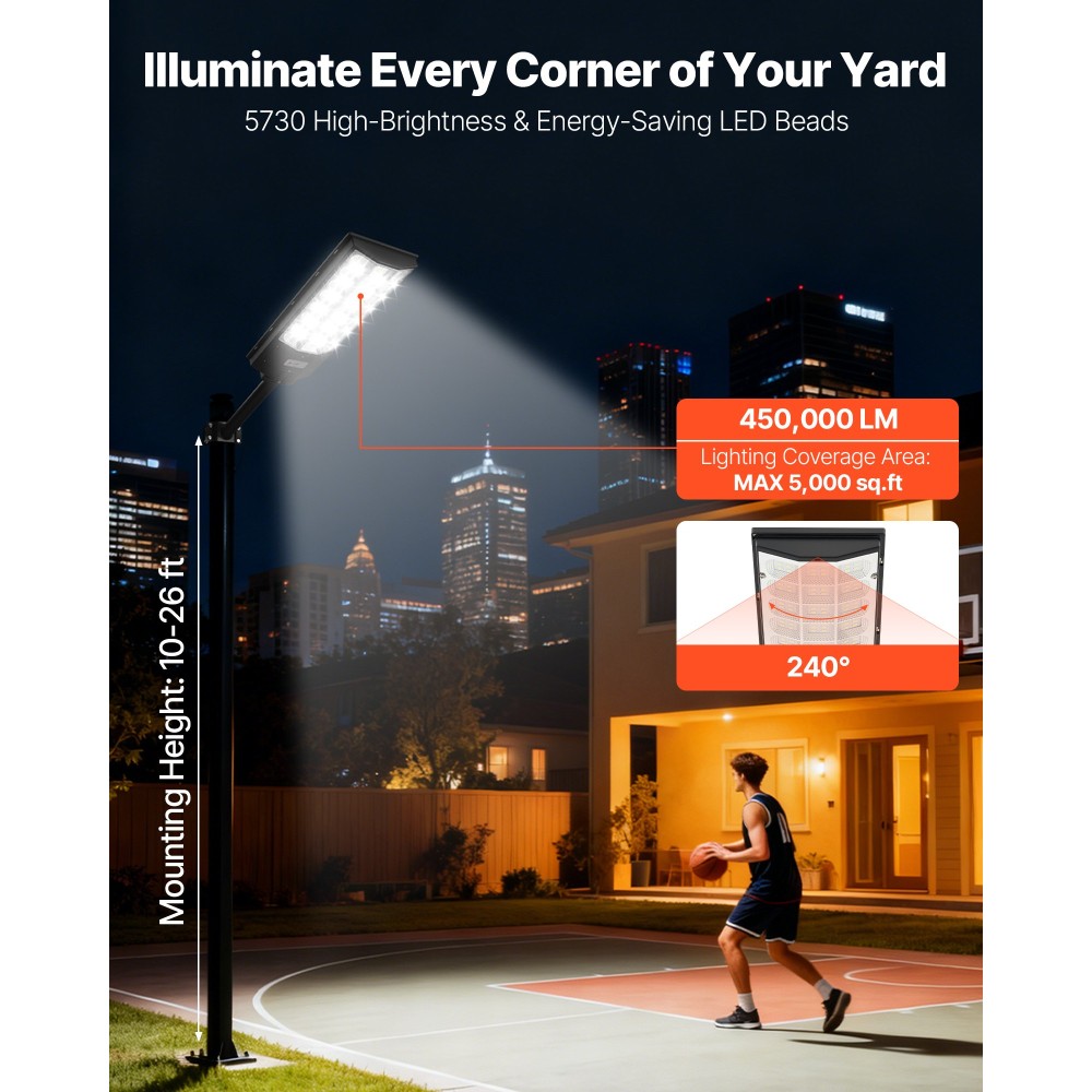 VEVOR 8000W Solar Street Lights Outdoor, 450000LM, Επαγγελματικός Χώρος Στάθμευσης Φώτα Dusk to Dawn, LED Flood Security Light with Motion Sensor, IP65 Waterproof Outdoor Light, for Driveway Yard, 3 Pack