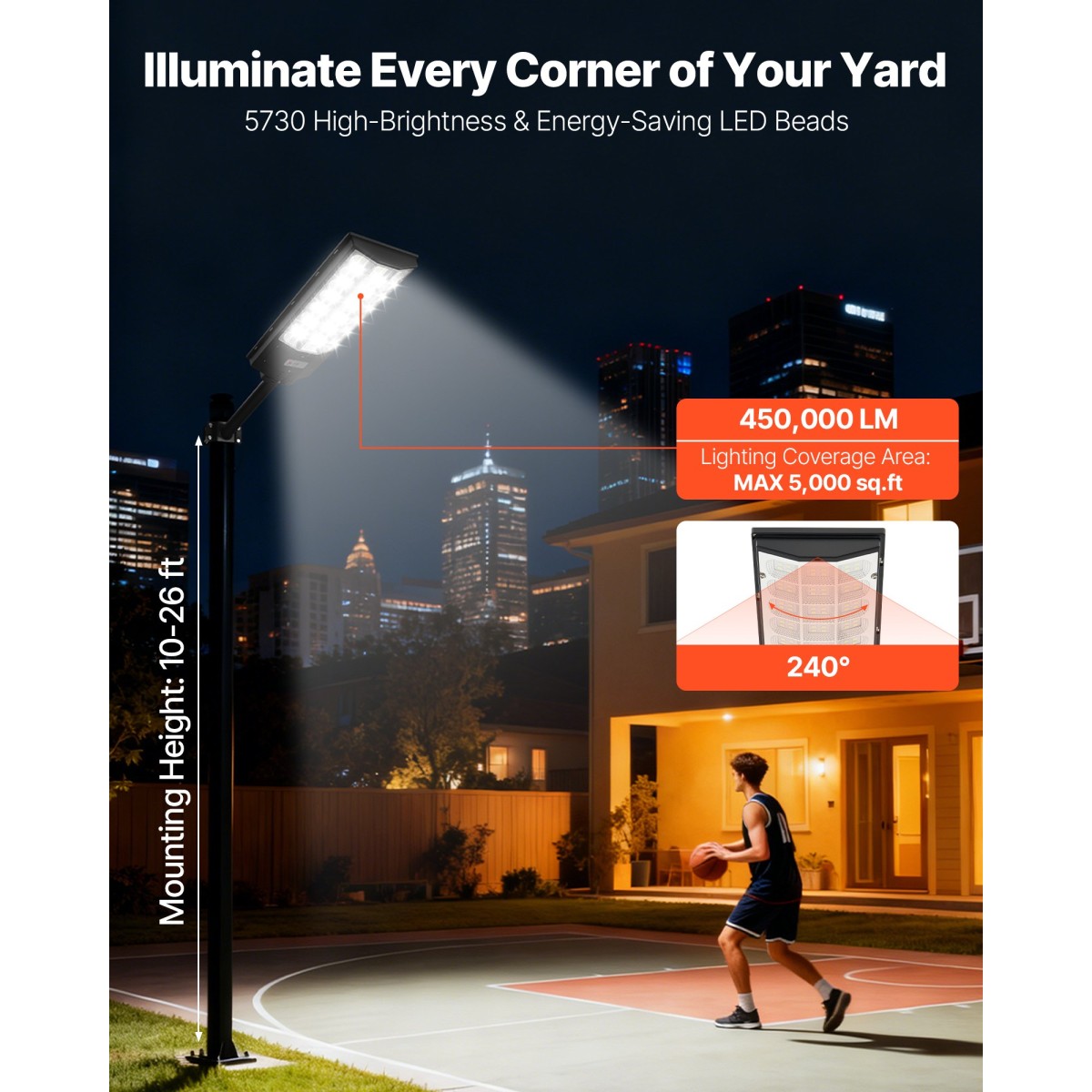 VEVOR 8000W Solar Street Lights Outdoor, 450000LM, Επαγγελματικός Χώρος Στάθμευσης Φώτα Dusk to Dawn, LED Flood Security Light with Motion Sensor, IP65 Waterproof Outdoor Light, for Driveway Yard, 3 Pack