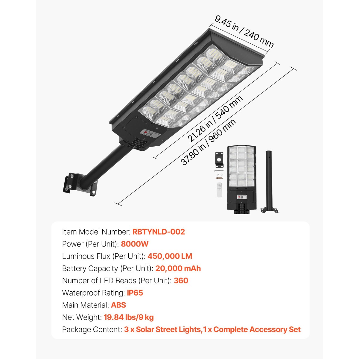 VEVOR 8000W Solar Street Lights Outdoor, 450000LM, Επαγγελματικός Χώρος Στάθμευσης Φώτα Dusk to Dawn, LED Flood Security Light with Motion Sensor, IP65 Waterproof Outdoor Light, for Driveway Yard, 3 Pack