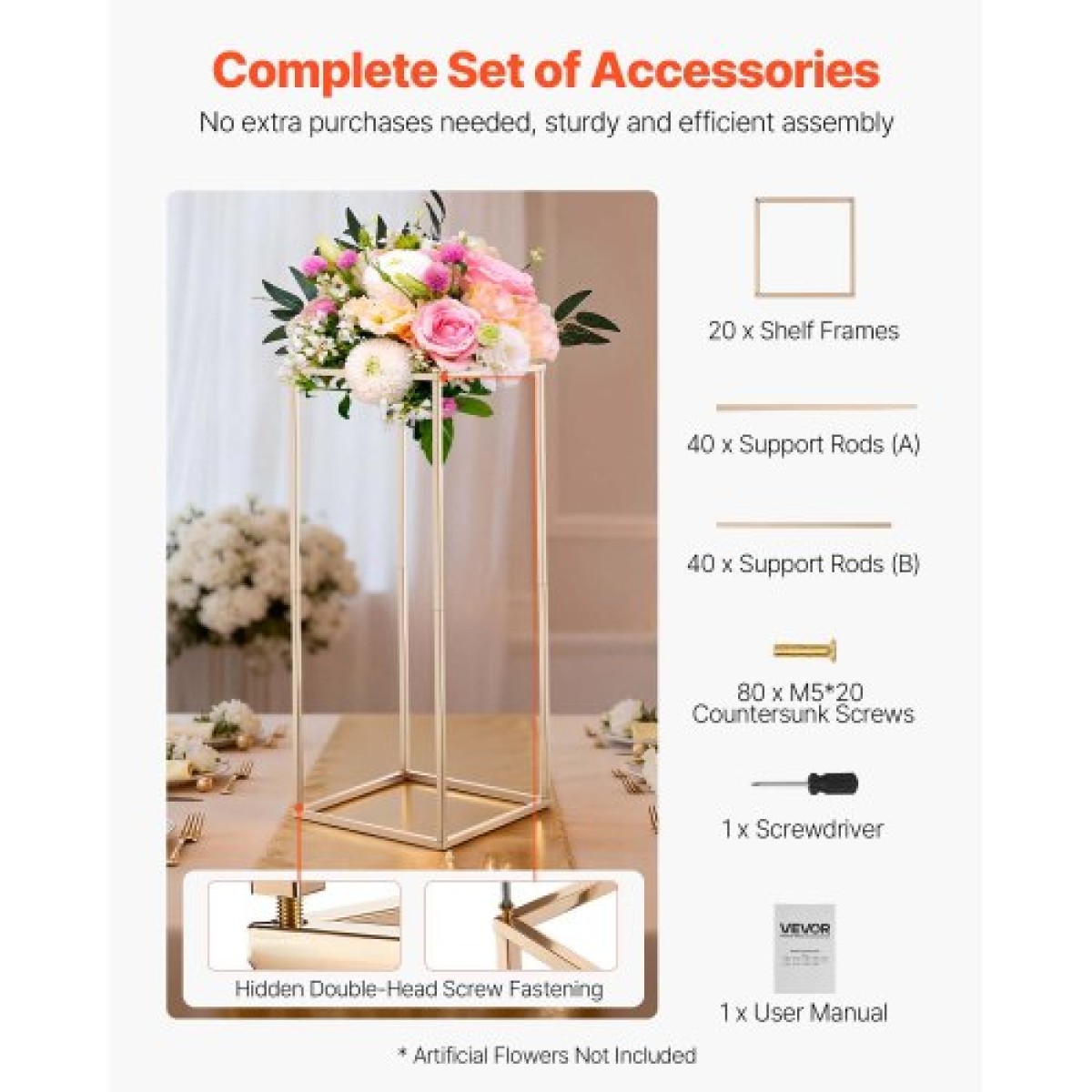 VEVOR Wedding Flower Stand, 10PCS 23,62 ιντσών Stand λουλουδιών, Floral stands με κρυφή βίδα, ορθογώνια κυβική φλοράλ επίστρωση για γάμο, πάρτι, γενέθλια, σπίτι, γαλλικά χρυσά stand
