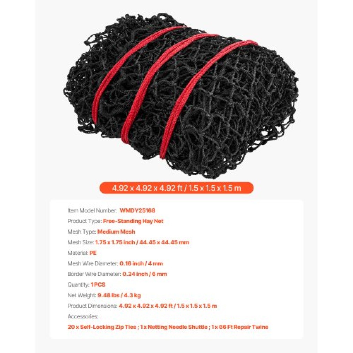 VEVOR Στρογγυλό Δίχτυ σανού, 1,5 x 1,5 x 1,5 m, 44,45 x 44,45 mm Τρύπες, Υλικό PE, Σχεδίαση με ενισχυμένο κόμπο, με φερμουάρ, μεταφορά με βελόνα και σπάγκο επισκευής, στρογγυλό δίχτυ για άλογα με αργή τροφοδοσία