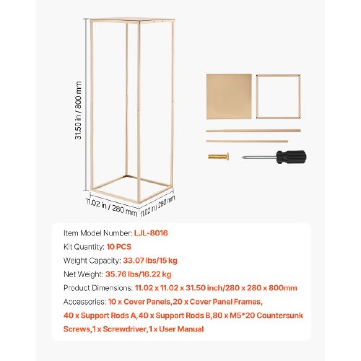 VEVOR Wedding Flower Stand, 10PCS 31,5 ιντσών Stand λουλουδιών, Floral stands με μεταλλικό laminate, ορθογώνια φλοράλ επίστρωση για γάμο, πάρτι, γενέθλια, σπίτι, γαλλικά χρυσά stand
