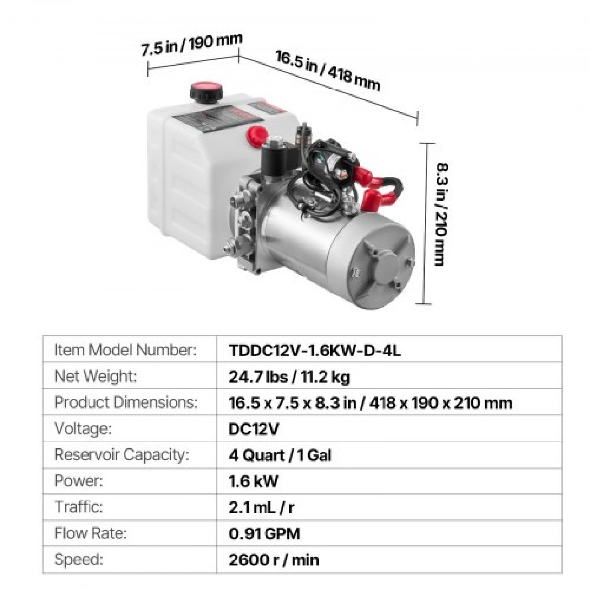 Υδραυλική μονάδα VEVOR 4 L, Αντλία Dump Trailer Single Acting, Max Relief Pressure 22 MPa & 3,4 L/min Ρυθμός ροής, DC 12V Υδραυλική αντλία με μεταλλική δεξαμενή για ανύψωση αυτοκινήτου Dump Trailer