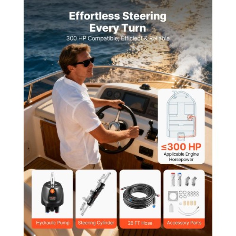 VEVOR Hydraulic Steering Kit, 220kW (300 HP), Marine Boat Hydraulic Steering System, με αντλία πηδαλίου 6,9 MPa/1000 psi, κύλινδρο κλειδώματος δύο κατευθύνσεων και σωλήνες υψηλής αντοχής 7,92 m, για χρήση με έναν κινητήρα ενός σταθμού