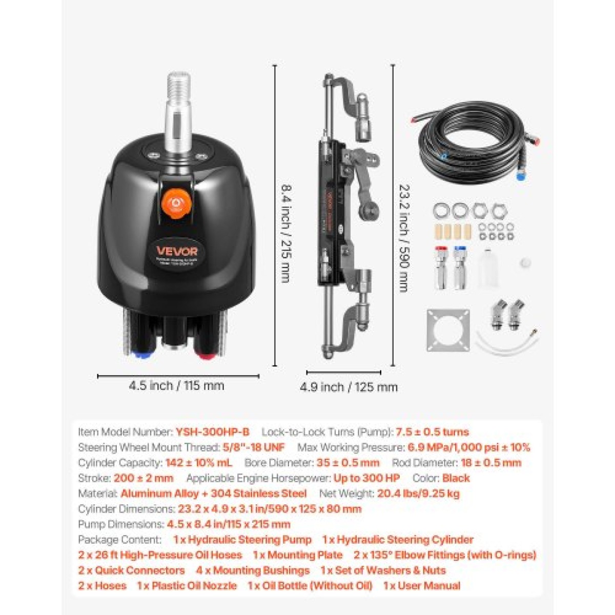 VEVOR Hydraulic Steering Kit, 220kW (300 HP), Marine Boat Hydraulic Steering System, με αντλία πηδαλίου 6,9 MPa/1000 psi, κύλινδρο κλειδώματος δύο κατευθύνσεων και σωλήνες υψηλής αντοχής 7,92 m, για χρήση με έναν κινητήρα ενός σταθμού