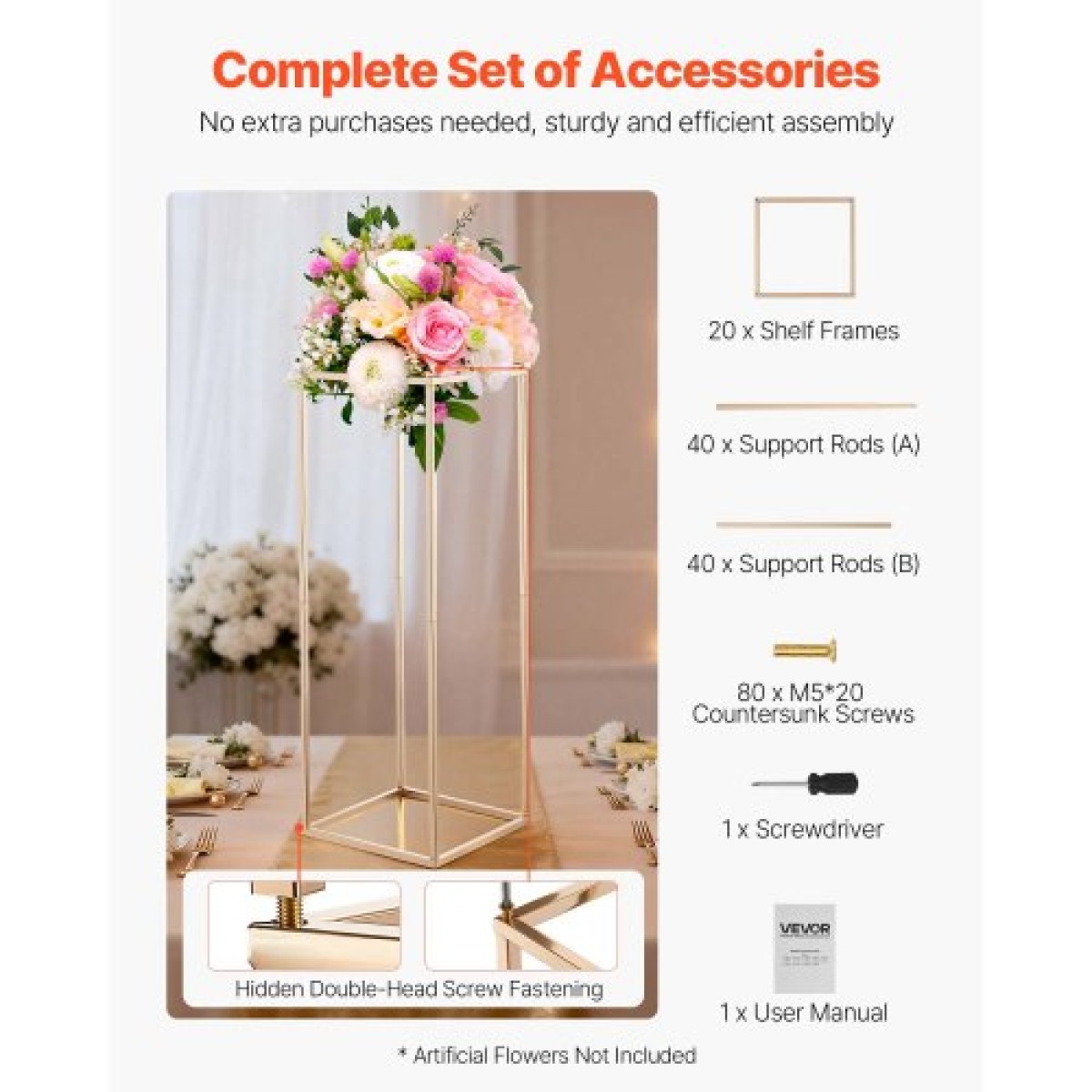 VEVOR Wedding Flower Stand, 10PCS 31,5 ιντσών Stand λουλουδιών, Floral stands με κρυφή βίδα, ορθογώνια κυβική φλοράλ επίστρωση για γάμο, πάρτι, γενέθλια, σπίτι, γαλλικά χρυσά stand