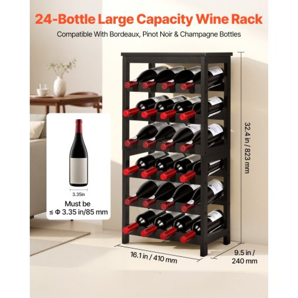 VEVOR 24 Bottle Detachable Wine Rack, 6-Tier Wine Bottle Holder,Solid Bamboo Wood Freestanding Floor Display Wine Storage Shelves with Table Top, for Kitchen,Cellar,Bar,Dining Room,Living Room(Black)