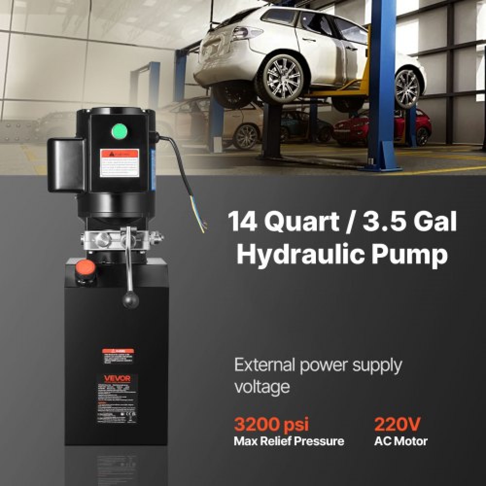 VEVOR 14 L Hydraulic Power Unit, Single Acting Steel Dump Trailer Pump, 22 MPa Max Relief Pressure & 6.3 L/min Flow Rate, 220-240V Hydraulic Pump with Metal Reservoir for Dump Trailer Car Lifting