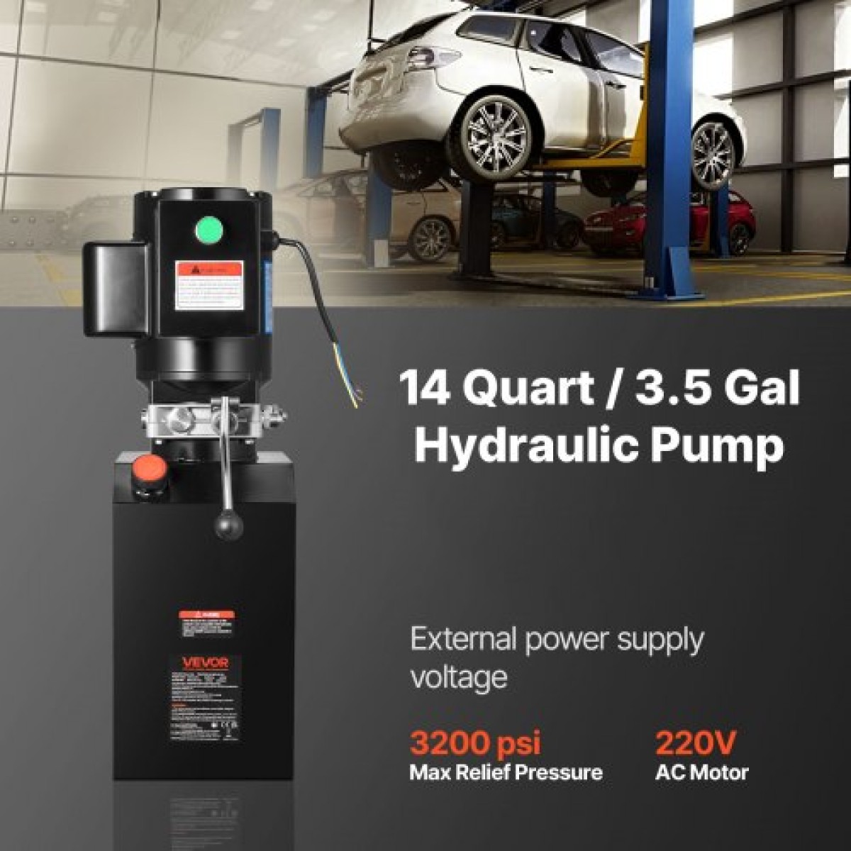 VEVOR 14 L Hydraulic Power Unit, Single Acting Steel Dump Trailer Pump, 22 MPa Max Relief Pressure & 6,3 L/min Rate, 220-240V Hydraulic Pump with Metal Reservoir for Dump Trailer Car Lifting