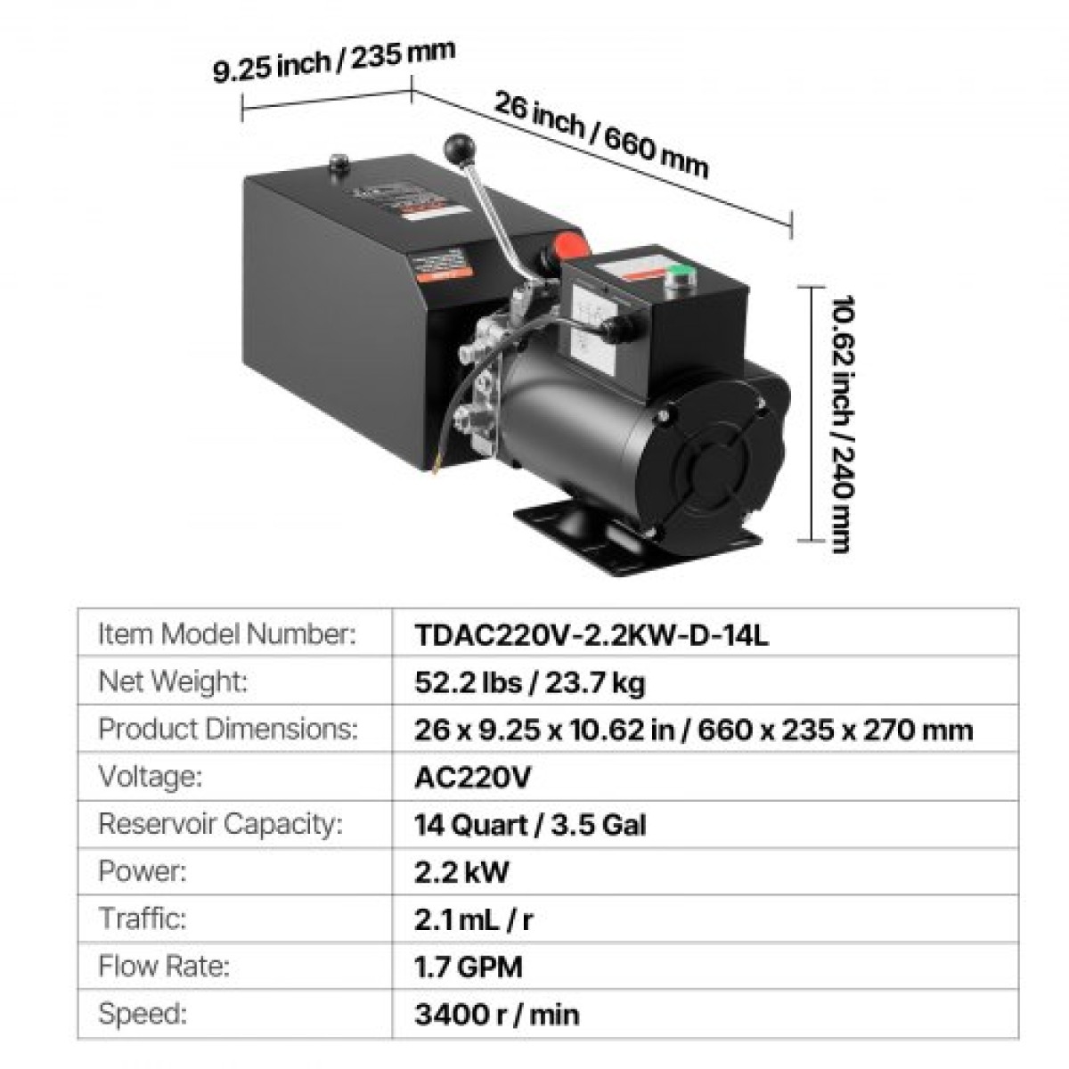 VEVOR 14 L Hydraulic Power Unit, Single Acting Steel Dump Trailer Pump, 22 MPa Max Relief Pressure & 6,3 L/min Rate, 220-240V Hydraulic Pump with Metal Reservoir for Dump Trailer Car Lifting