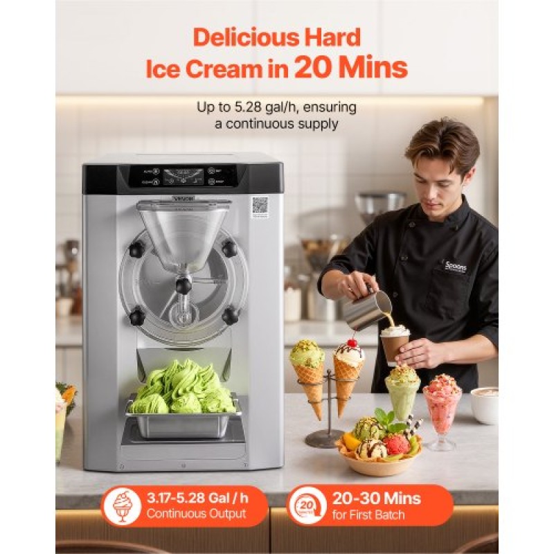 VEVOR Commercial Hard Ice Cream Machine, 2000W 12-20L per Hour, Countertop Gelato Hard Serve Ice Cream Maker with 6L 304 Stainless Steel Cylinder, Auto Clean LED Panel for Snack Bar and Restaurants