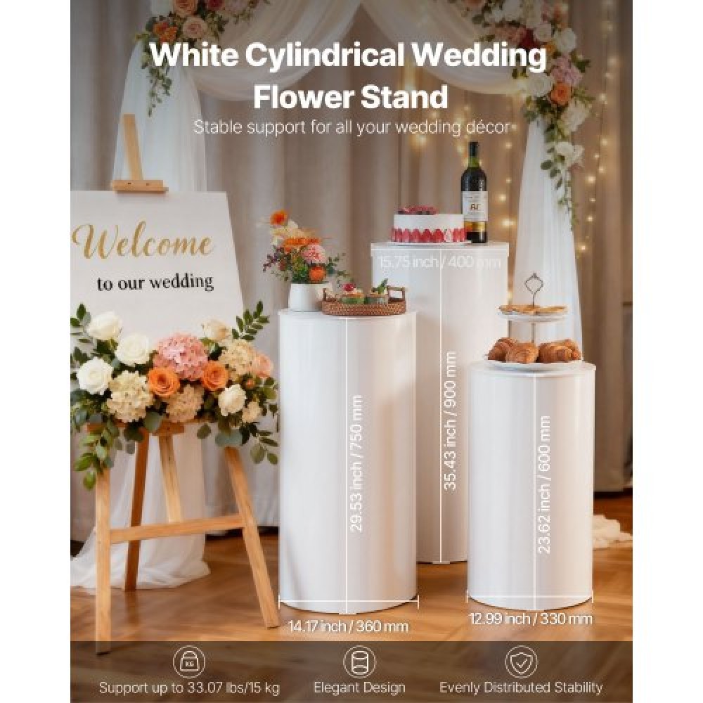 VEVOR Wedding Flower Stand, 3PCS 60/75/90cm Στρογγυλή Πλίνθος Κυλίνδρου, Βάση Λευκό με Καπάκι PVC, Κυλινδρική Βάση Βάσης για Γάμο, Πάρτι, Γενέθλια, Art Decor, φορτίο 15kg