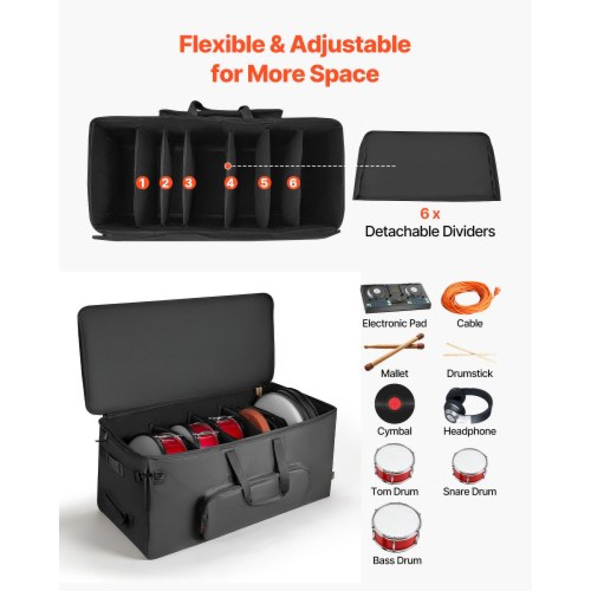 Τσάντα VEVOR Electronic Drum Kit, 600D, Επένδυση Drum Bag με ρόδες, μεγάλο εσωτερικό 920 x 420 x 410 mm, ελαφριά θήκη ταξιδιού με αποσπώμενα διαχωριστικά και πολλαπλές τσέπες, για ηλεκτρικά τύμπανα, μαύρο