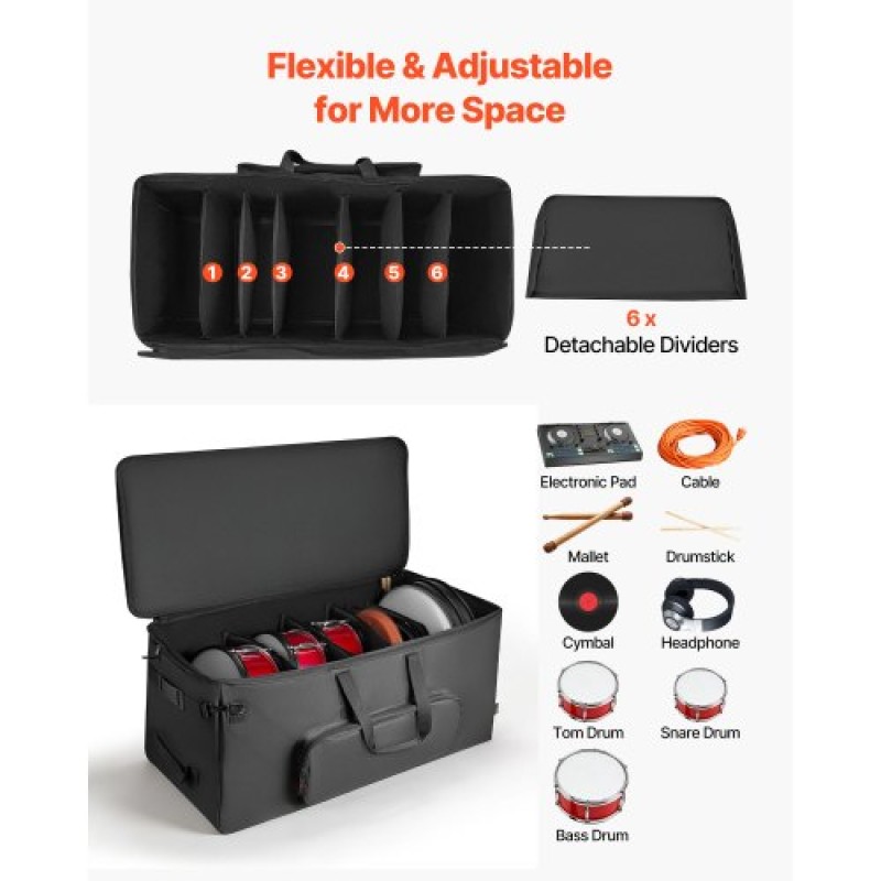 Τσάντα VEVOR Electronic Drum Kit, 600D, Επένδυση Drum Bag με ρόδες, μεγάλο εσωτερικό 920 x 420 x 410 mm, ελαφριά θήκη ταξιδιού με αποσπώμενα διαχωριστικά και πολλαπλές τσέπες, για ηλεκτρικά τύμπανα, μαύρο