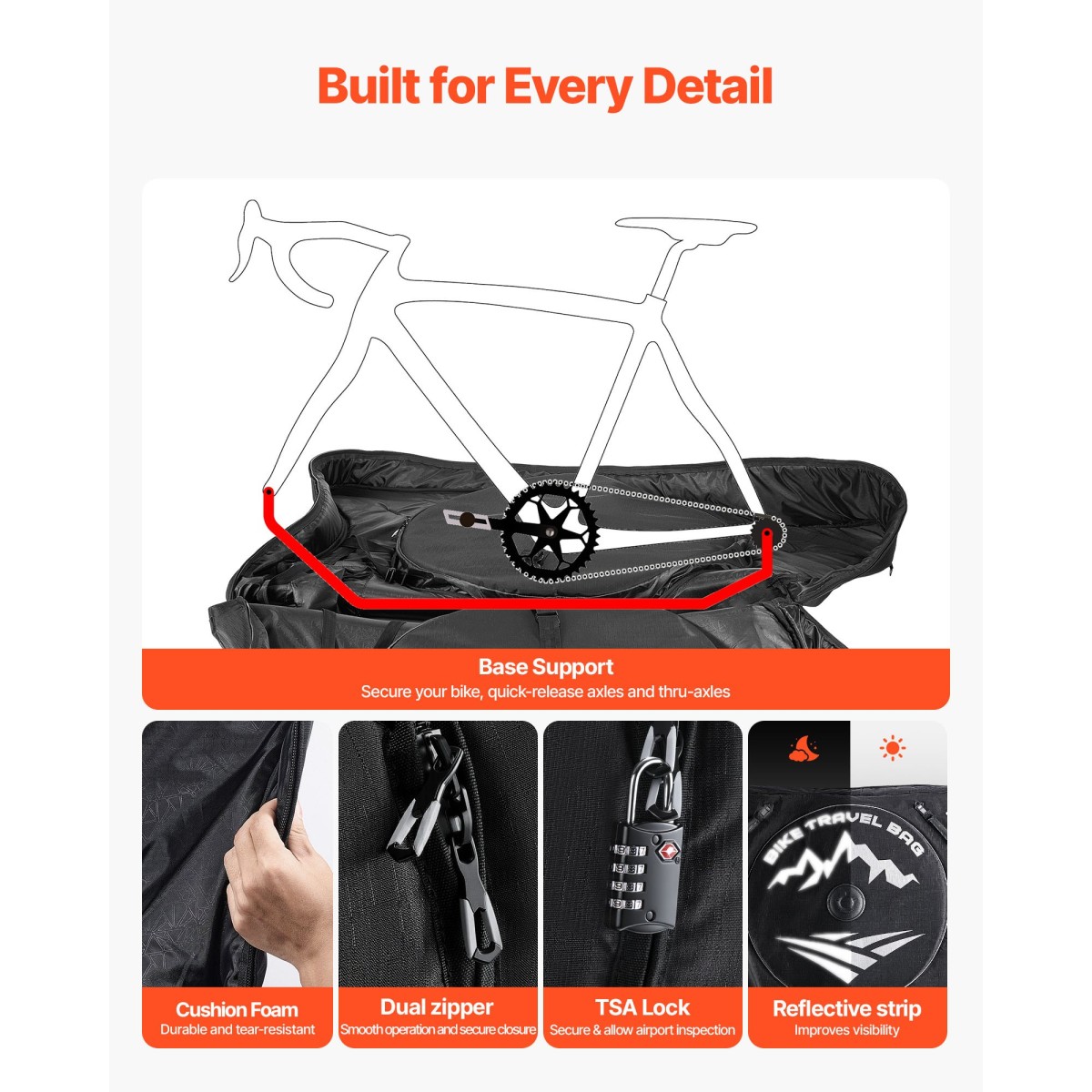 VEVOR Bike Travel Bag, Road Bike Bag Road Bicycle Storage Carry with TSA Lock & Dual Zipper, Μαύρη θήκη ποδηλάτου Μεταξόνιο 94-106 cm για αεροπορικά ταξίδια, εξωτερική χρήση, αεροπλάνο, αυτοκίνητο, τρένο, μεταφορά μετρό