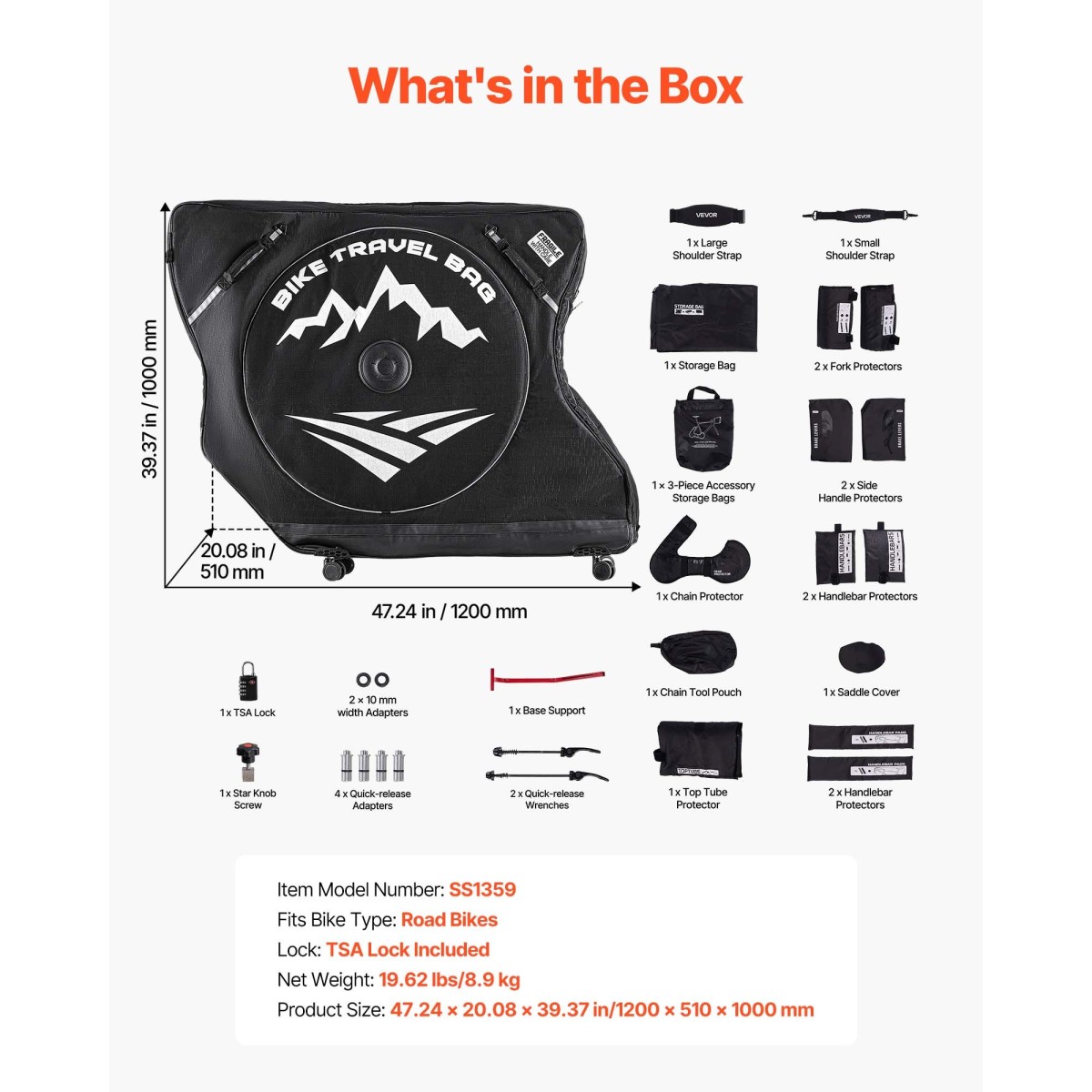 VEVOR Bike Travel Bag, Road Bike Bag Road Bicycle Storage Carry with TSA Lock & Dual Zipper, Μαύρη θήκη ποδηλάτου Μεταξόνιο 94-106 cm για αεροπορικά ταξίδια, εξωτερική χρήση, αεροπλάνο, αυτοκίνητο, τρένο, μεταφορά μετρό