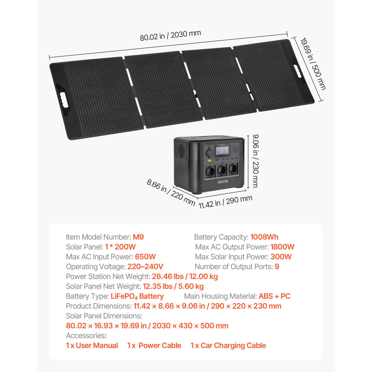 Φορητός σταθμός VEVOR με ηλιακό πάνελ 200 W, ηλιακός σταθμός παραγωγής ενέργειας 1800 W, εφεδρική μπαταρία LiFePO4 1008 Wh με 9 θύρες εξόδου για έκτακτη ανάγκη στο σπίτι, υπαίθριο κάμπινγκ, ταξίδια με RV