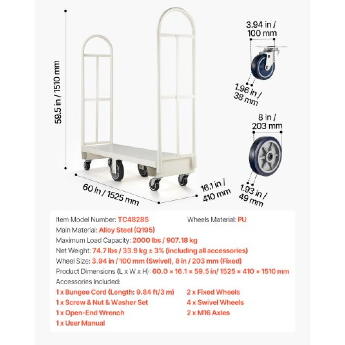 VEVOR U-Boat Platform Truck Dolly, χωρητικότητα φόρτωσης 907,18 kg, βαρέως τύπου Steel Utility Cart, Industrial Hand Push Truck με έξι τροχούς και διπλές αποσπώμενες λαβές, για αποθήκη, 1525 x 410 x 1510 mm