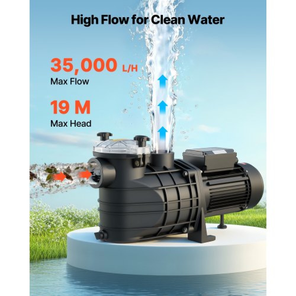 Αντλία πισίνας VEVOR, 3000W, 35.000 L/H Max Flow Αντλία Πισίνας Μονής Ταχύτητας, AC 220-240V, 2860 RPM, 19 m Max Head, με 24ωρο χρονοδιακόπτη & καλάθι φίλτρου, για Above-Ground & In-Gr.