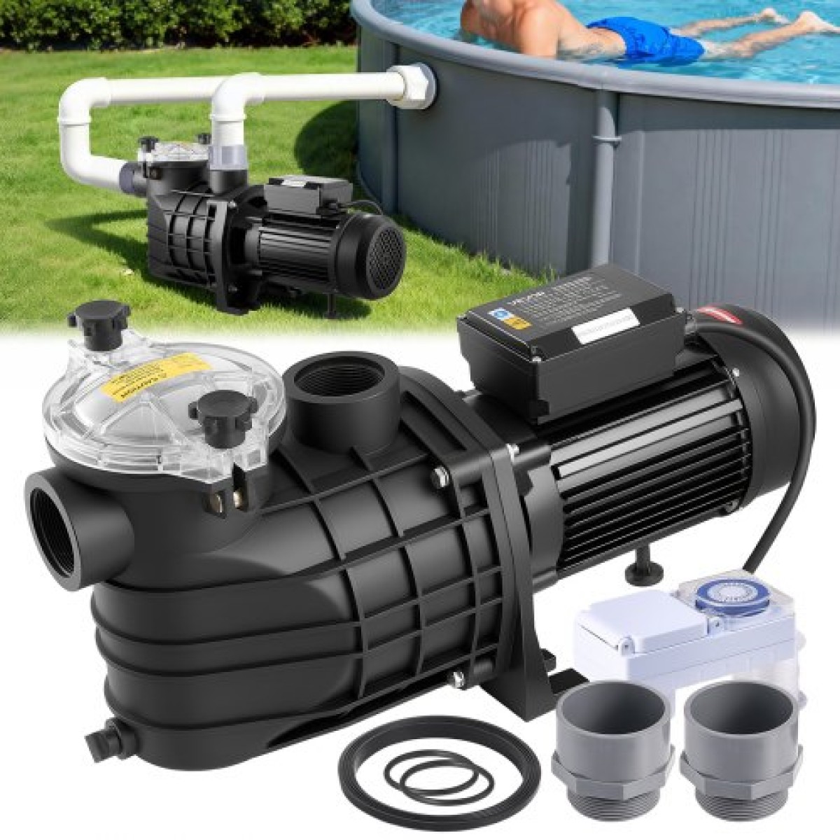 Αντλία πισίνας VEVOR, 3000W, 35.000 L/H Max Flow Αντλία Πισίνας Μονής Ταχύτητας, AC 220-240V, 2860 RPM, 19 m Max Head, με 24ωρο χρονοδιακόπτη & καλάθι φίλτρου, για Above-Ground & In-Gr.