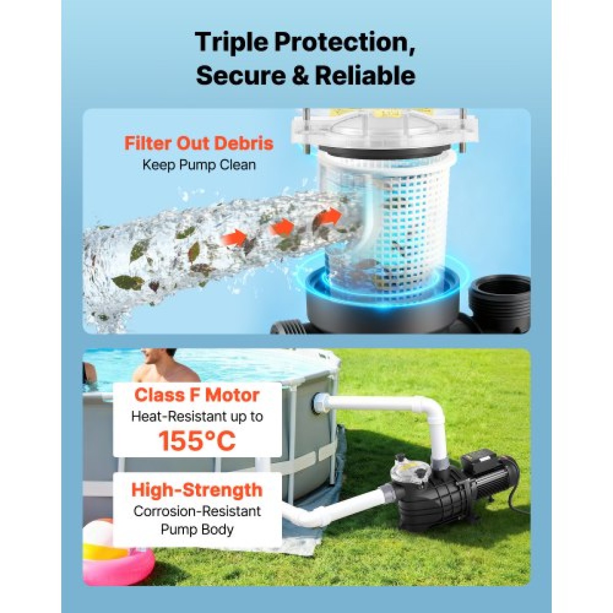 Αντλία πισίνας VEVOR, 3000W, 35.000 L/H Max Flow Αντλία Πισίνας Μονής Ταχύτητας, AC 220-240V, 2860 RPM, 19 m Max Head, με 24ωρο χρονοδιακόπτη & καλάθι φίλτρου, για Above-Ground & In-Gr.