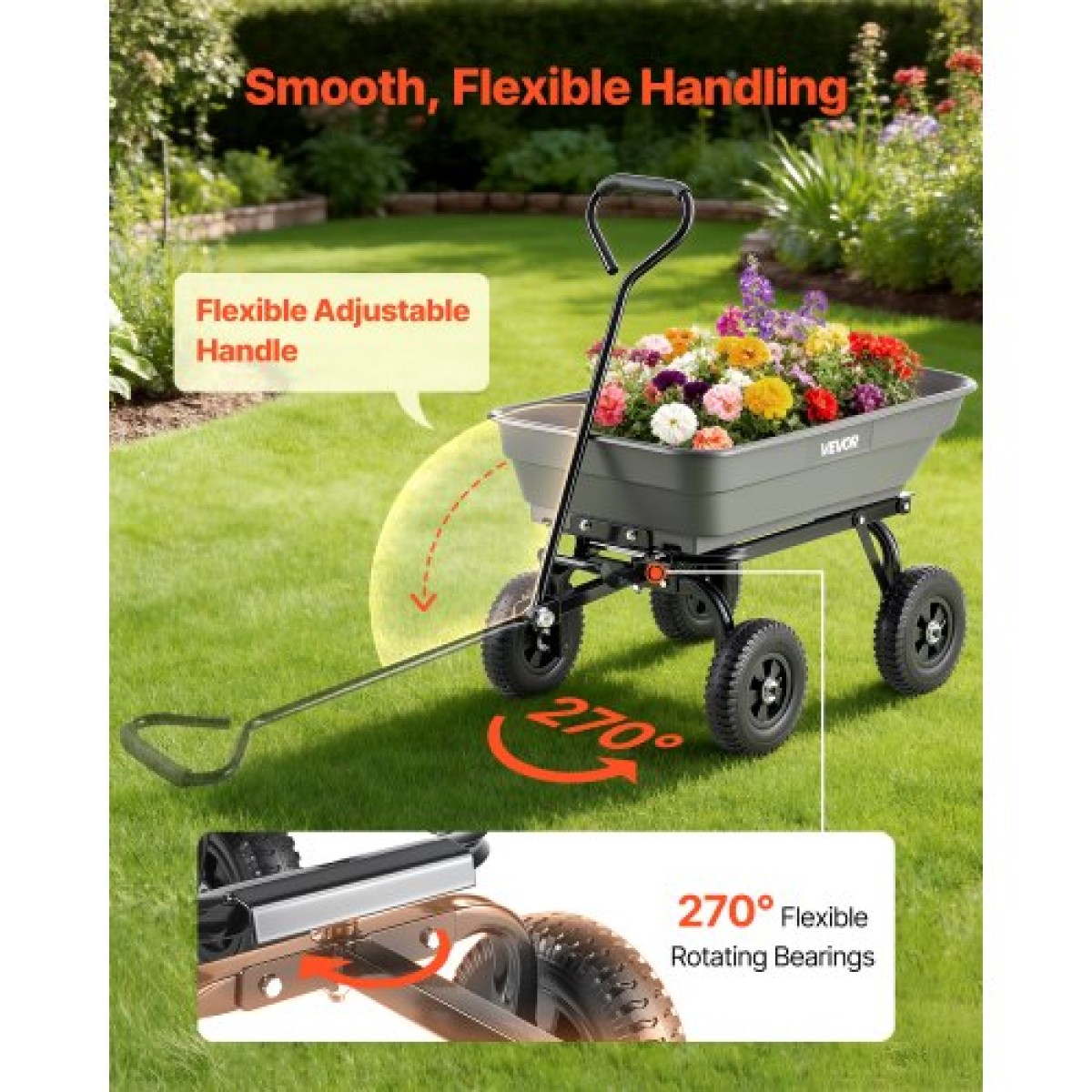 VEVOR Garden Dump Cart, 181 kg Poly Dump Cart, Garden Carts Dumps Wagon με μηχανισμό Quick-Dumps 90°, περιστρεφόμενους τροχούς 180°, εύκαμπτα περιστρεφόμενα ρουλεμάν 270°, Yard Wagon για φυτά, έδαφος, καλλιέργειες