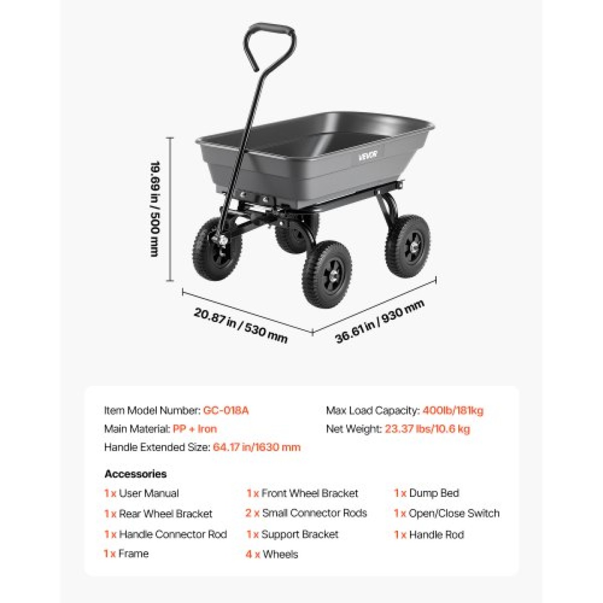 VEVOR Garden Dump Cart, 181 kg Poly Dump Cart, Garden Carts Dumps Wagon με μηχανισμό Quick-Dumps 90°, περιστρεφόμενους τροχούς 180°, εύκαμπτα περιστρεφόμενα ρουλεμάν 270°, Yard Wagon για φυτά, έδαφος, καλλιέργειες