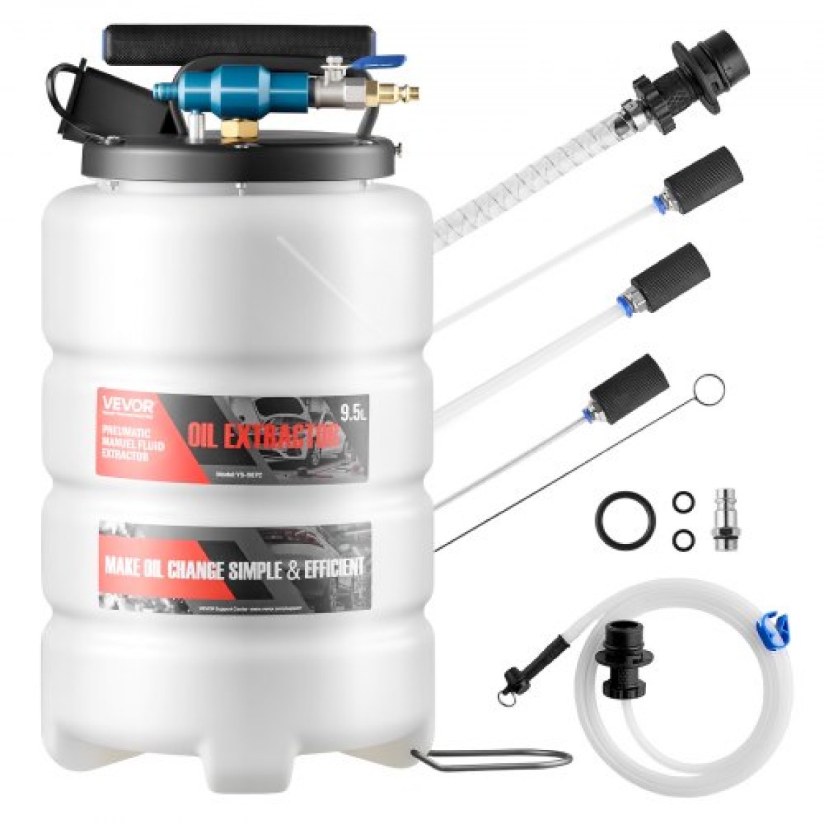 VEVOR Fluid Extractor, χωρητικότητας 9,5 L, Πνευματικός/Χειροκίνητος εξολκέας υγρών κενού με 150 cm Long Horse & τρεις 120 cm Extension Tubes, Αντλία αλλαγής λαδιών με δεξαμενή PE για αυτοκίνητα, χορτοκοπτικά, σκάφη