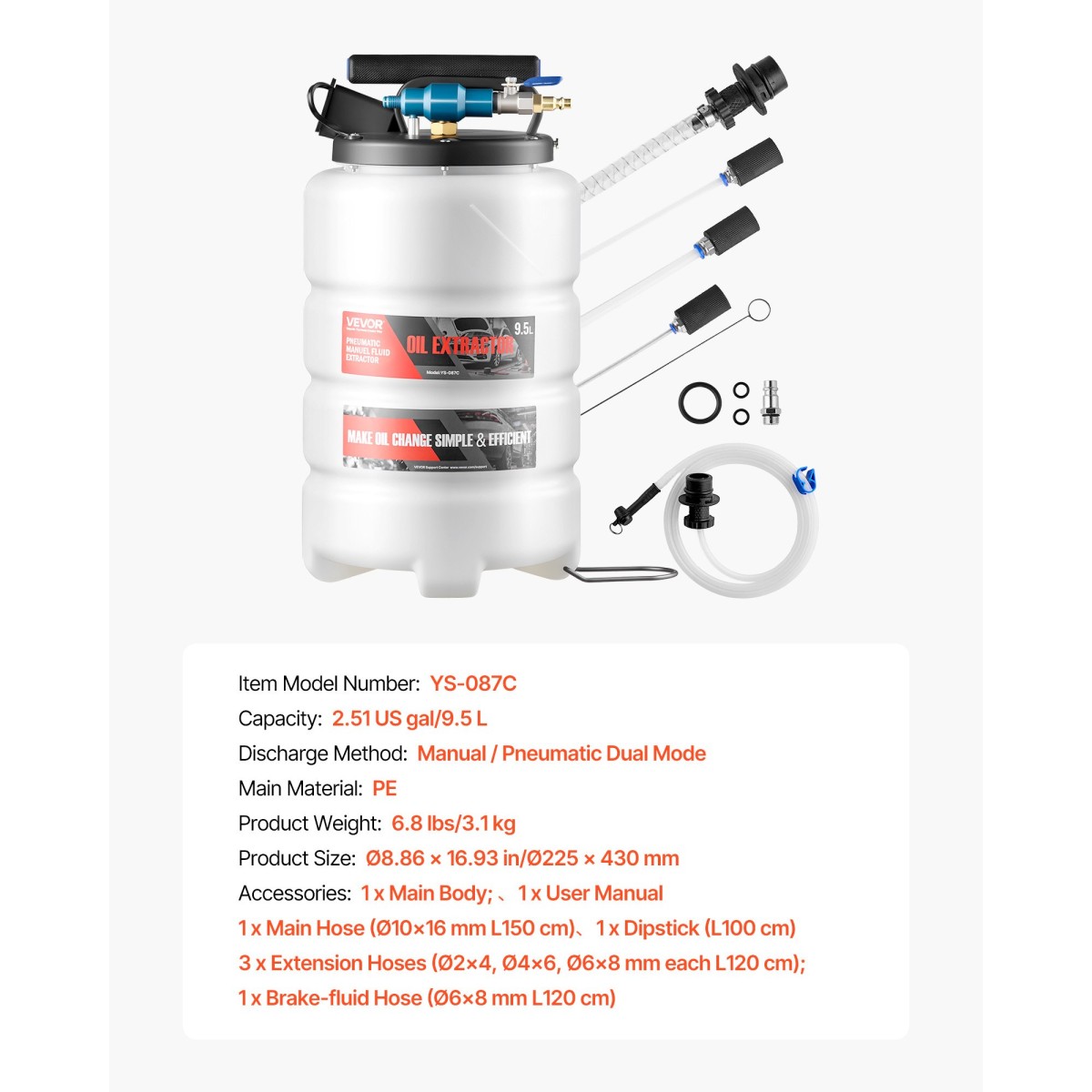 VEVOR Fluid Extractor, χωρητικότητας 9,5 L, Πνευματικός/Χειροκίνητος εξολκέας υγρών κενού με 150 cm Long Horse & τρεις 120 cm Extension Tubes, Αντλία αλλαγής λαδιών με δεξαμενή PE για αυτοκίνητα, χορτοκοπτικά, σκάφη