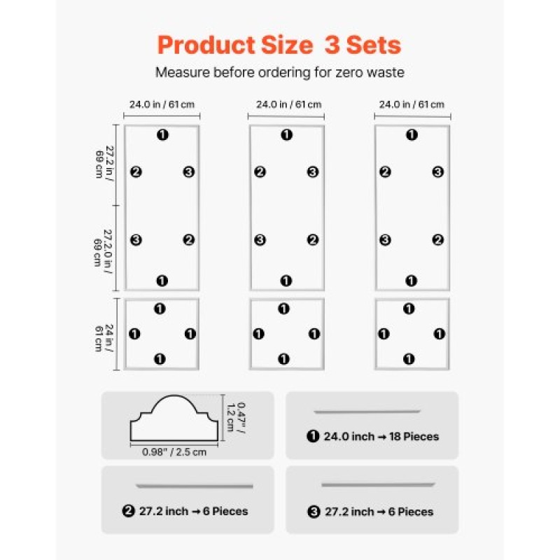 VEVOR Wall Molding 3 Pack, Κιτ πάνελ με ρολό, Ελαφρύ βαμμένο πολυστυρένιο, εύκολο στην εγκατάσταση, αδιάβροχο διακοσμητικό τοίχου για εσωτερική διακόσμηση σαλόνι, υπνοδωμάτιο, λευκό (61x137 + 61x61 cm)