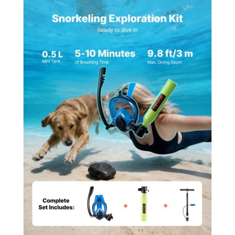 VEVOR Mini Scuba Tank with Sub-Mask, 0.5L Portable Diving Tank for Underwater Breathing, Reusable Lung Diving Cylinder up to 10 Minutes Dive Time, Emergency Rescue Pony Bottle with Pump for Snorkeling