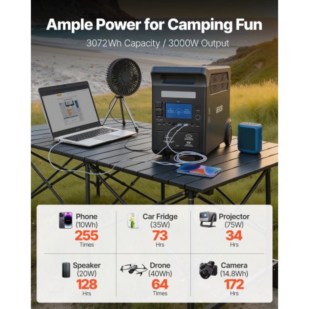 VEVOR Portable Power Station, 3000W Solar Generator Power Station, 3072Wh LiFePO4 Backup με 13 θύρες εξόδου για έκτακτη ανάγκη στο σπίτι, υπαίθριο κάμπινγκ, ταξίδι με RV (ΔΕΝ περιλαμβάνεται ηλιακός πίνακας)