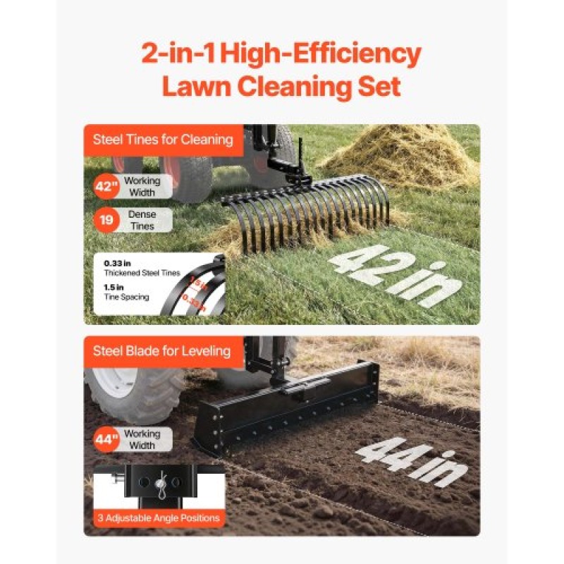 VEVOR 106,7 cm Ρυμούλκηση πίσω από τσουγκράνα Landscape, 3-Point Lawn Rock Rake with Blade & Lift Lever, Fit Κατηγορία 1 ATVs UTVs Tractors Lawn, Heavy Duty Dethatcher Rake for Debris Leaves Thatch