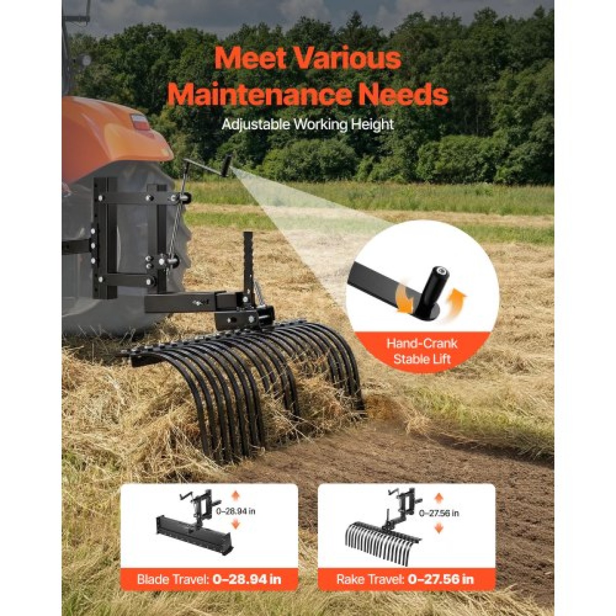 VEVOR 106,7 cm Ρυμούλκηση πίσω από τσουγκράνα Landscape, 3-Point Lawn Rock Rake with Blade & Lift Lever, Fit Κατηγορία 1 ATVs UTVs Tractors Lawn, Heavy Duty Dethatcher Rake for Debris Leaves Thatch