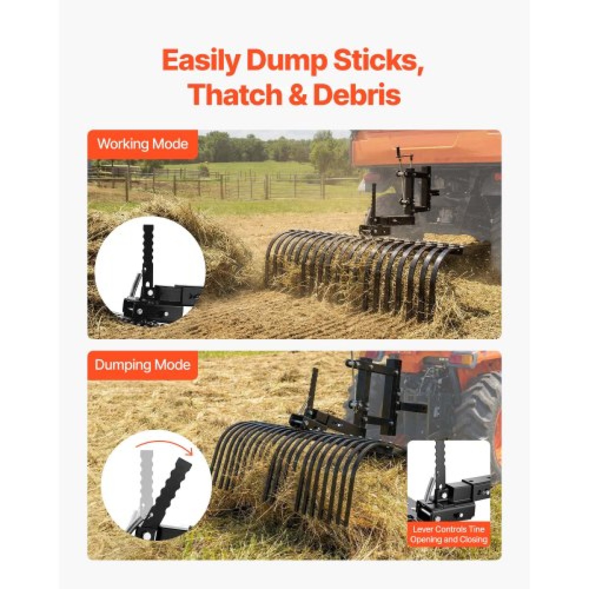 VEVOR 106,7 cm Ρυμούλκηση πίσω από τσουγκράνα Landscape, 3-Point Lawn Rock Rake with Blade & Lift Lever, Fit Κατηγορία 1 ATVs UTVs Tractors Lawn, Heavy Duty Dethatcher Rake for Debris Leaves Thatch