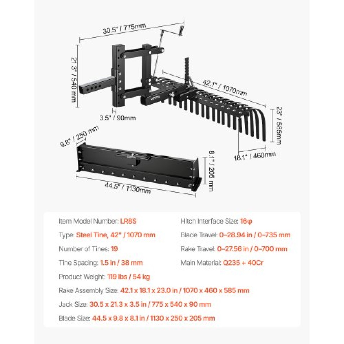 VEVOR 106,7 cm Ρυμούλκηση πίσω από τσουγκράνα Landscape, 3-Point Lawn Rock Rake with Blade & Lift Lever, Fit Κατηγορία 1 ATVs UTVs Tractors Lawn, Heavy Duty Dethatcher Rake for Debris Leaves Thatch