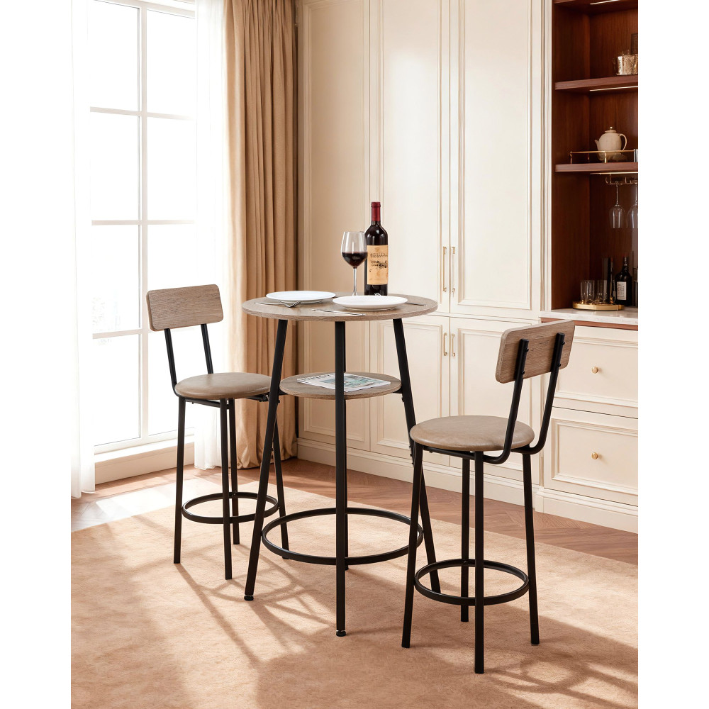 VEVOR Bar Table, 3PCS 596,9mm Bars Σετ Τραπεζών, Σετ Τραπέζια Μπαρ και Καρέκλα με Στρογγυλεμένες Γωνιές, Στρογγυλό Τραπέζι Παμπ με Δύο Σκαμπό για Γραφείο, Γωνία Πρωινού, Μίνι Μπαρ, Ανοιχτό Γκρι, Μαύρο
