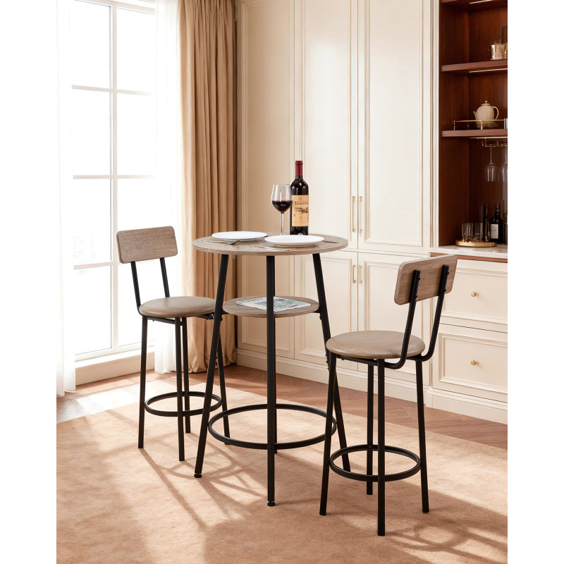 VEVOR Bar Table, 3PCS 596,9mm Bars Σετ Τραπεζών, Σετ Τραπέζια Μπαρ και Καρέκλα με Στρογγυλεμένες Γωνιές, Στρογγυλό Τραπέζι Παμπ με Δύο Σκαμπό για Γραφείο, Γωνία Πρωινού, Μίνι Μπαρ, Ανοιχτό Γκρι, Μαύρο