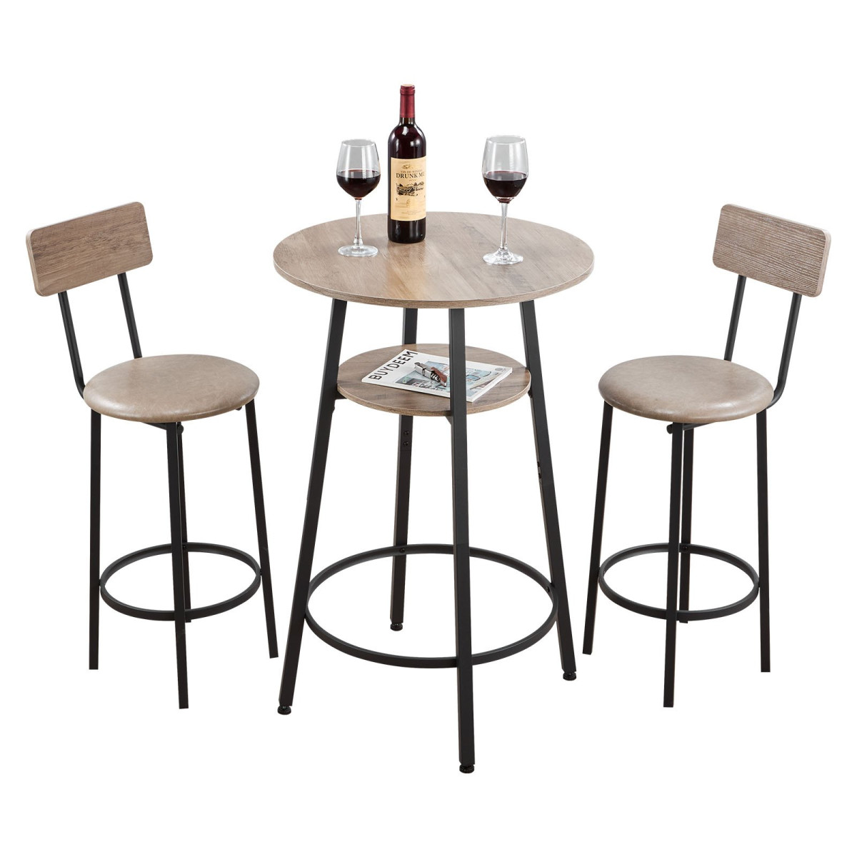 VEVOR Bar Table, 3PCS 596,9mm Bars Σετ Τραπεζών, Σετ Τραπέζια Μπαρ και Καρέκλα με Στρογγυλεμένες Γωνιές, Στρογγυλό Τραπέζι Παμπ με Δύο Σκαμπό για Γραφείο, Γωνία Πρωινού, Μίνι Μπαρ, Ανοιχτό Γκρι, Μαύρο