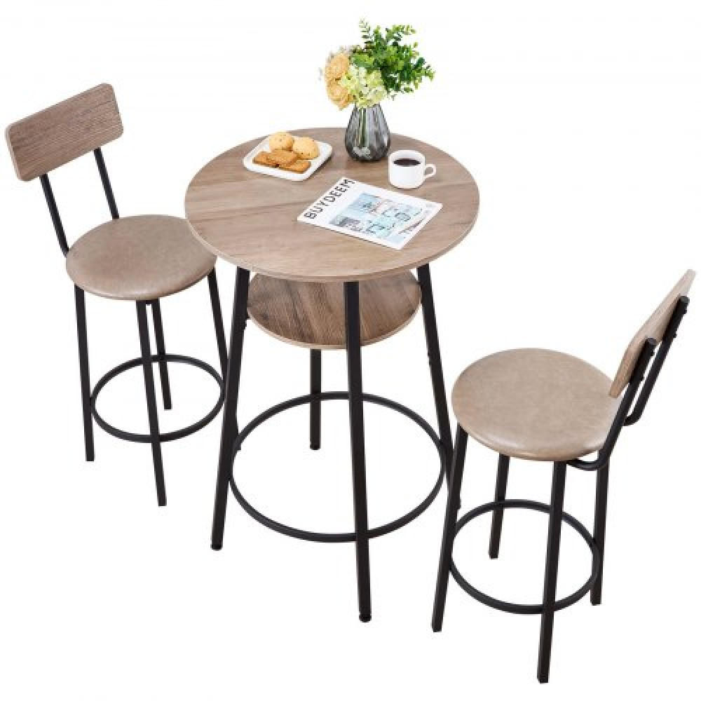 VEVOR Bar Table, 3PCS 596,9mm Bars Σετ Τραπεζών, Σετ Τραπέζια Μπαρ και Καρέκλα με Στρογγυλεμένες Γωνιές, Στρογγυλό Τραπέζι Παμπ με Δύο Σκαμπό για Γραφείο, Γωνία Πρωινού, Μίνι Μπαρ, Ανοιχτό Γκρι, Μαύρο