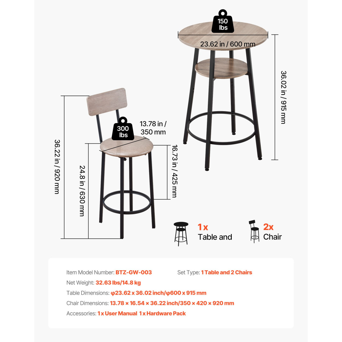 VEVOR Bar Table, 3PCS 596,9mm Bars Σετ Τραπεζών, Σετ Τραπέζια Μπαρ και Καρέκλα με Στρογγυλεμένες Γωνιές, Στρογγυλό Τραπέζι Παμπ με Δύο Σκαμπό για Γραφείο, Γωνία Πρωινού, Μίνι Μπαρ, Ανοιχτό Γκρι, Μαύρο