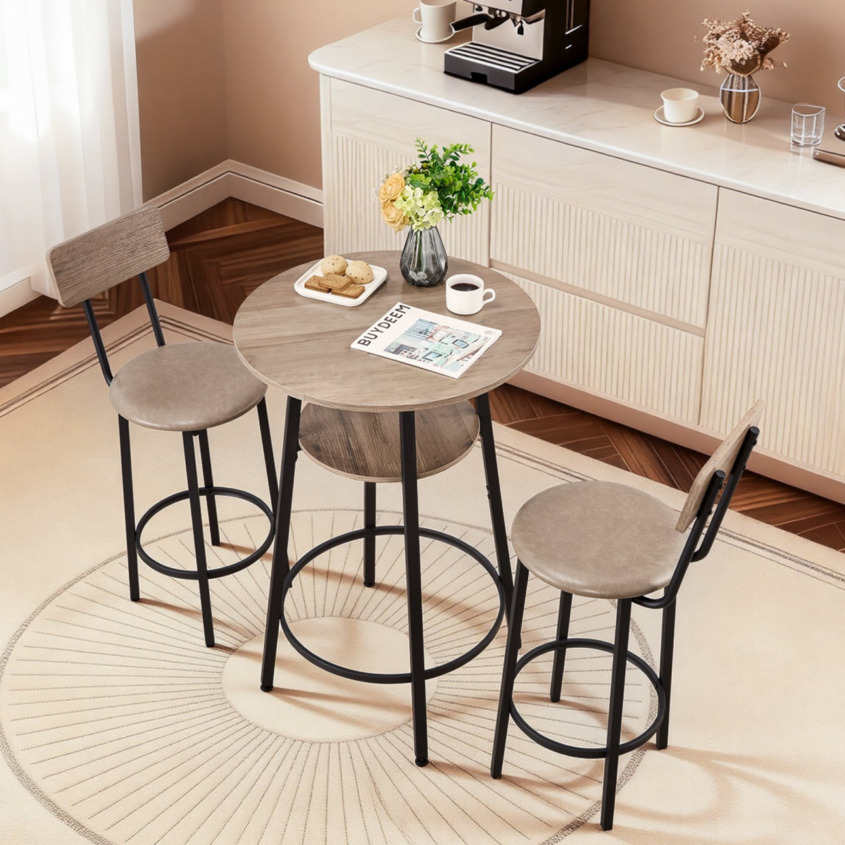 VEVOR Bar Table, 3PCS 596,9mm Bars Σετ Τραπεζών, Σετ Τραπέζια Μπαρ και Καρέκλα με Στρογγυλεμένες Γωνιές, Στρογγυλό Τραπέζι Παμπ με Δύο Σκαμπό για Γραφείο, Γωνία Πρωινού, Μίνι Μπαρ, Ανοιχτό Γκρι, Μαύρο