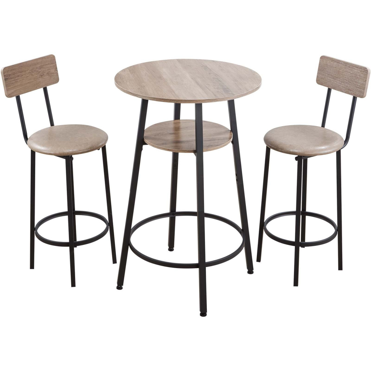 VEVOR Bar Table, 3PCS 596,9mm Bars Σετ Τραπεζών, Σετ Τραπέζια Μπαρ και Καρέκλα με Στρογγυλεμένες Γωνιές, Στρογγυλό Τραπέζι Παμπ με Δύο Σκαμπό για Γραφείο, Γωνία Πρωινού, Μίνι Μπαρ, Ανοιχτό Γκρι, Μαύρο