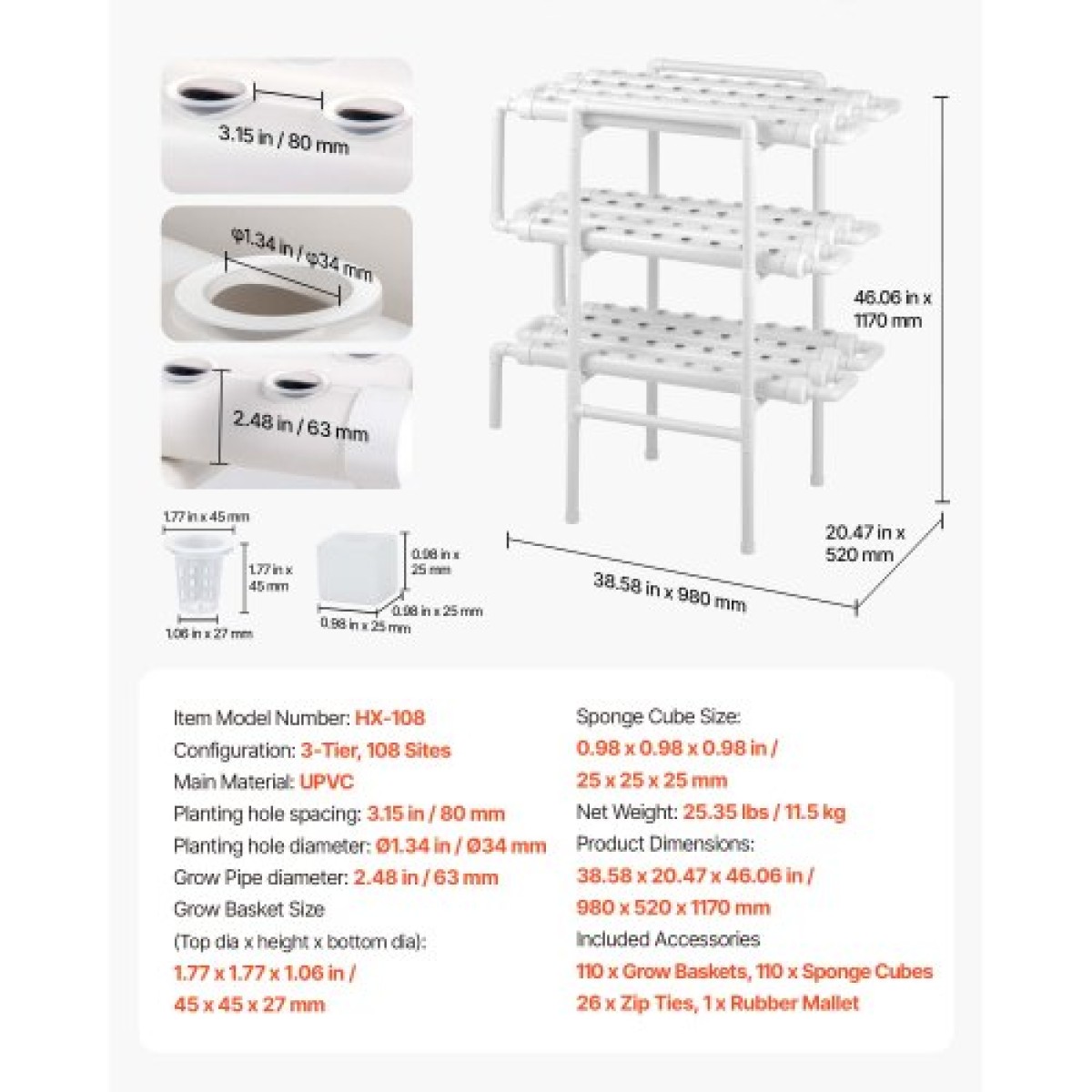 VEVOR Hydroponics Growing System Kit, 3-Tier 108 Sites UPVC Pipe Hydroponic Grow Kit with Timed Igration, Thykened Hydroponic Pipes, Indoor Home Garden Vegetable Planting Kit for Fruit Herb